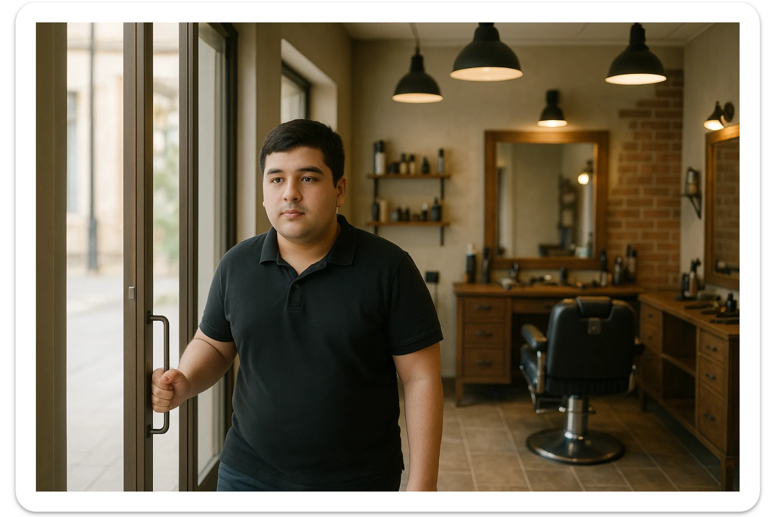 Shu odamni sartaroshxonaga kirib kelayapti  o'smirin davri rakurs ichkaridan sartaroshxona eski ham yangi ham emas bolani juda semiz qilib yuborma  u huddi sartaroshxonani  hammadan oldin kelib ochsin sticker