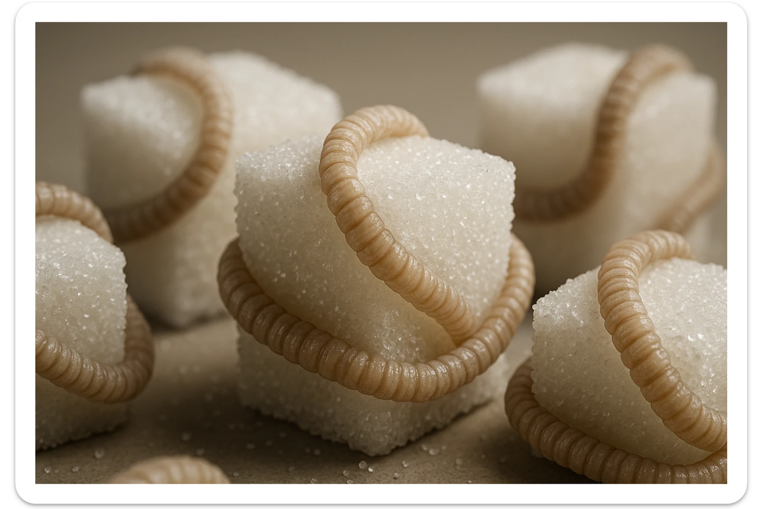 ZOLLETTE DI ZUCCHERO CON PARASSITI TIPO LA TENIA ARROTOLATE INTORNO AD OGNI ZOLLETTA, IPERREALISTICO 4K sticker