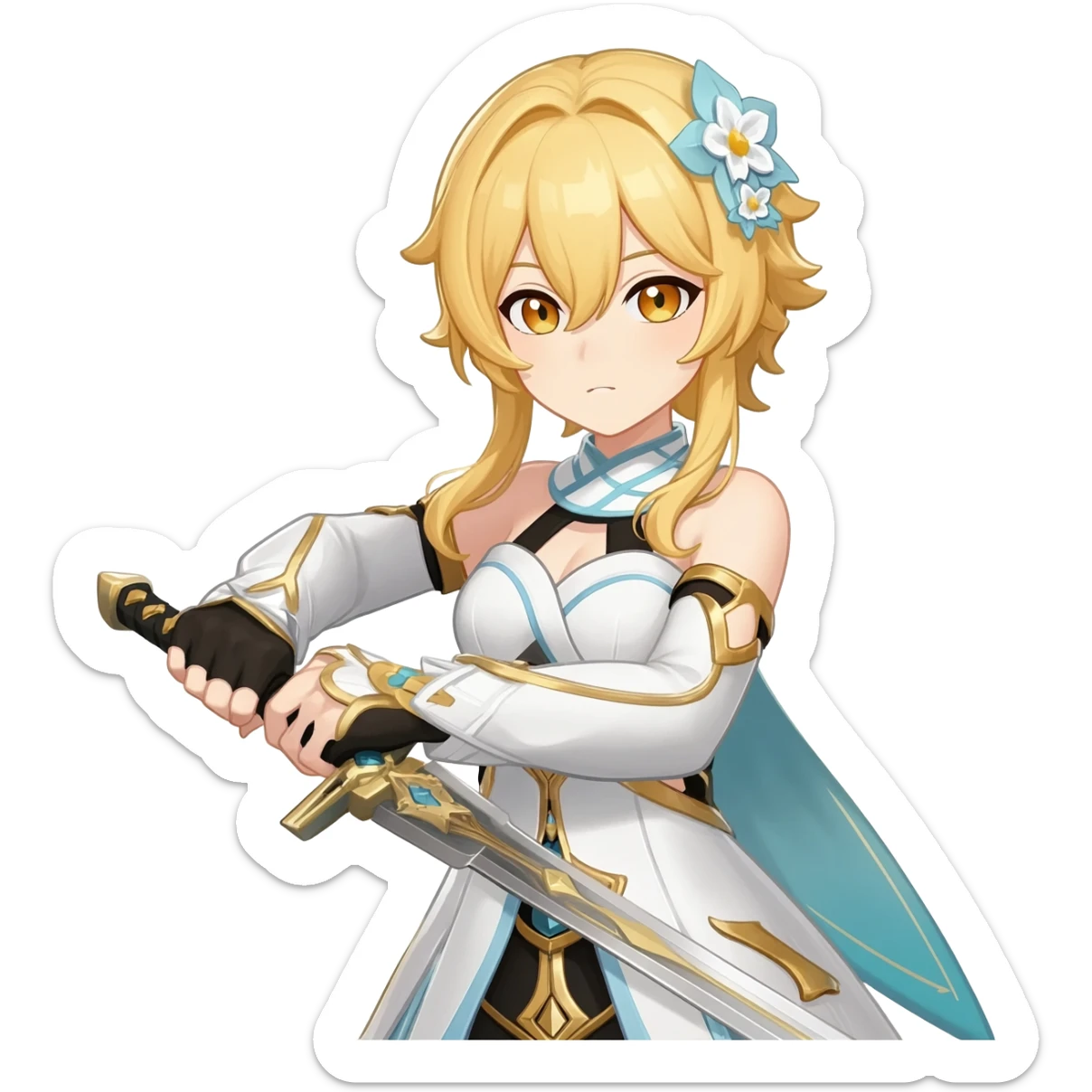 Lumine (from Genshin Impact) White and golden clothes, blonde, long-haired, with flower hair clip, and wielding a sword (full body) sticker