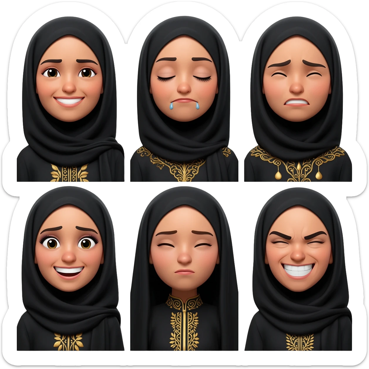 Samling face, and sad face, cute face & luxury face & loving face, angry face, laughing face  make all this wearing Abbaya  lady sticker