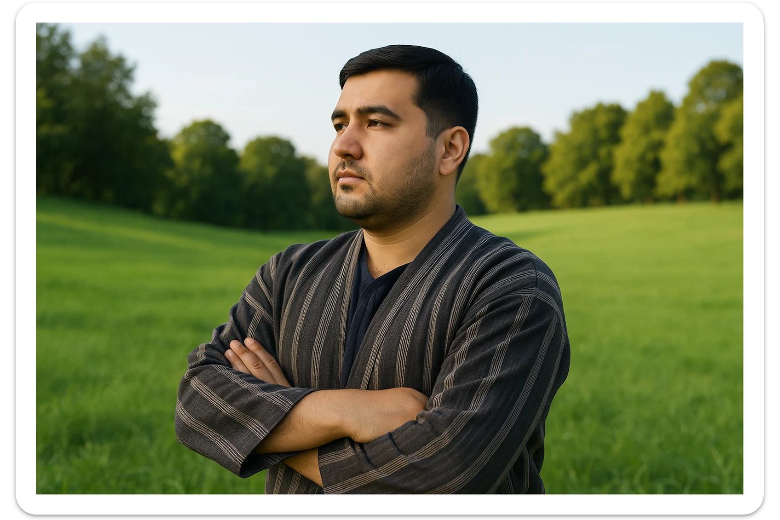 uzbek sartaroshi qo'lini qovushtirib turibdi yon taraf sal pastroq rakusdan sticker