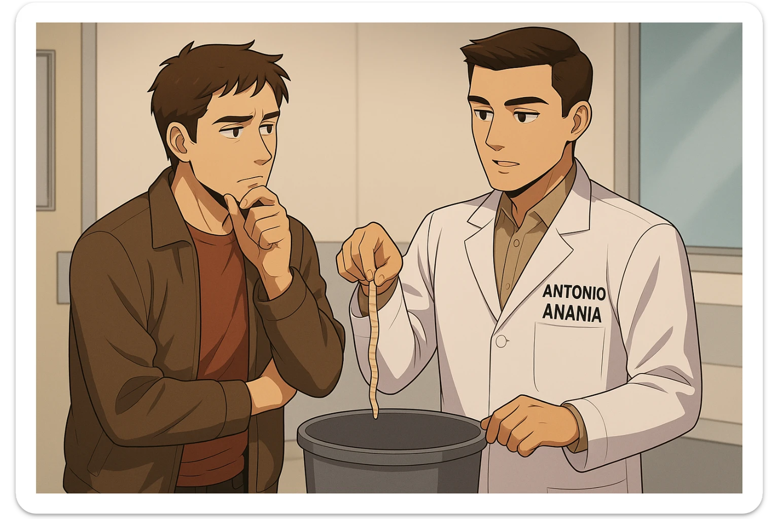 fai un webtoon manga a colori con questo stile, in cui un uomo ascolto il kinesiologo con il camice bianco (fagli anche la scritta "ANTONIO ANANIA" SUL CAMICE, il kinesiologo con il camice lascia cadere un verme lungo e beige chiaro nella spazzatura, IL KINESIOLOGO SPIEGA ALL'UOMO UNA cosa. L'UOMO ha un ESPRESSIONE pensierosa IN VOLTO mentre si tocca il mento con l'indice. non fare i fumetti però, fai solo in modo che sembri stiano parlando sticker