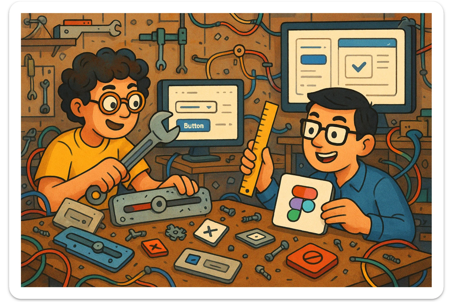 In a clever, chaotic repair lab, two designers (curly hair and short dark hair) are fixing old, messy UI components using a wrench, ruler, and Figma interface elements. The atmosphere is playful and inventive as they transform legacy UI into something modern and beautiful. sticker