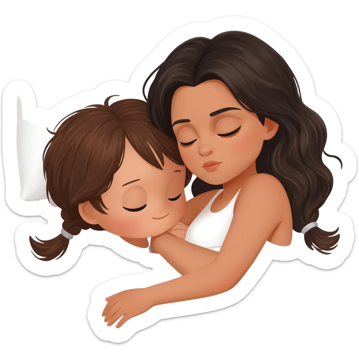 Black hair girl latina with long wavy brown hair with brown eyes and sleeping on a withe bed with cute Child with long hair brown sticker