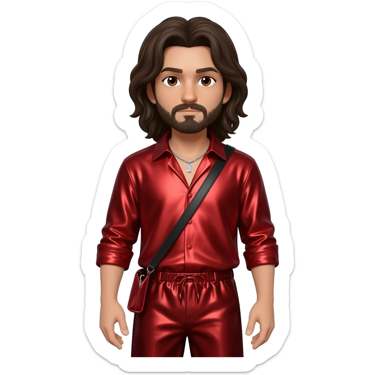 ASMR Eduardo with brown eyes, long dark brown hair and short beard, red metallic shirt, dark red metallic baggy pants, silver necklace sticker