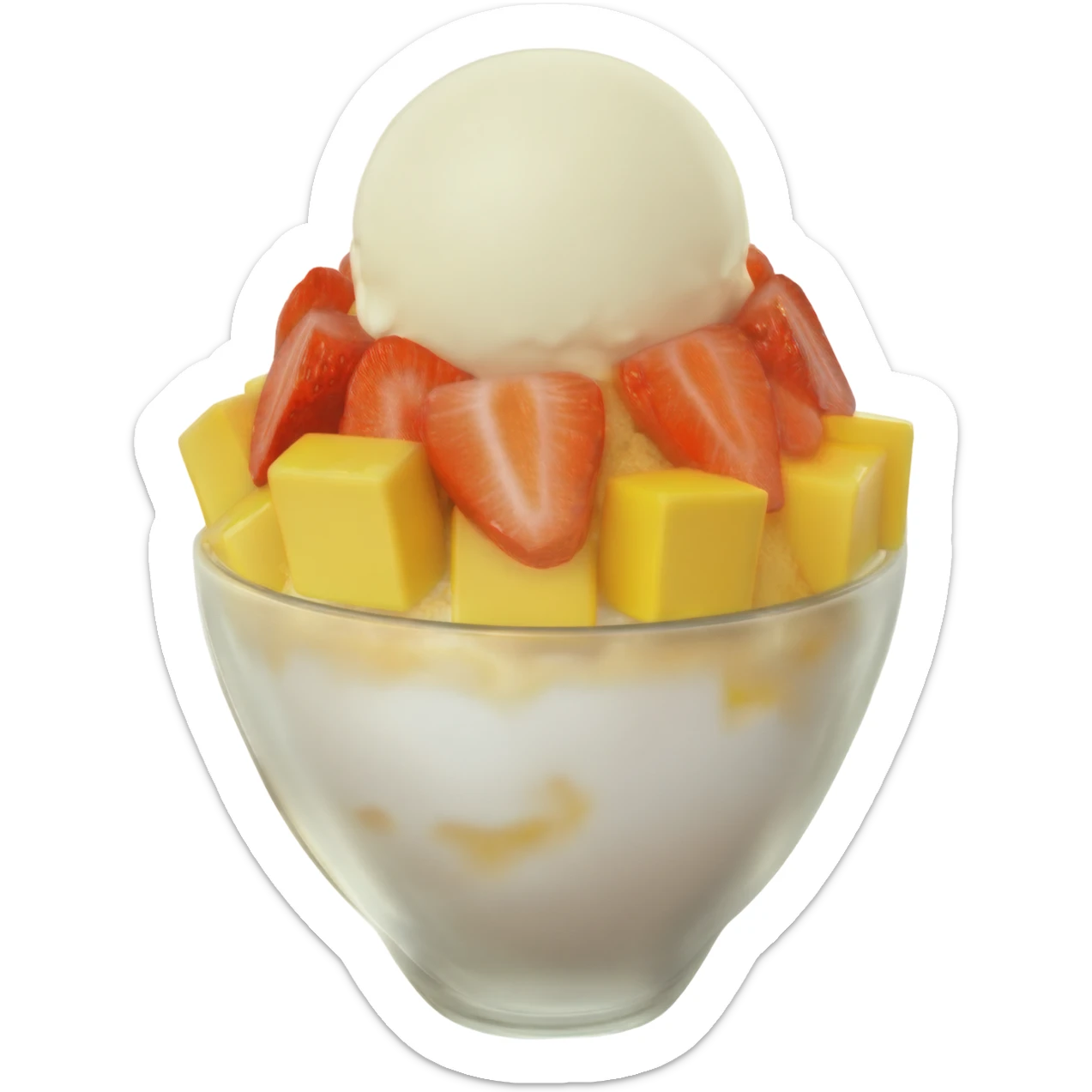 bingsu with mango cubes and sliced strawberries and ice cream on top sticker