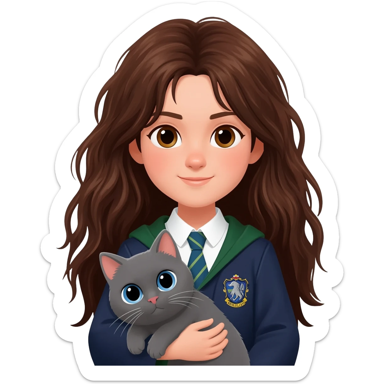 hong kong ravenclaw girl student with long brown messy hair and brown eyes, holding a gray cat with blue eyes sticker