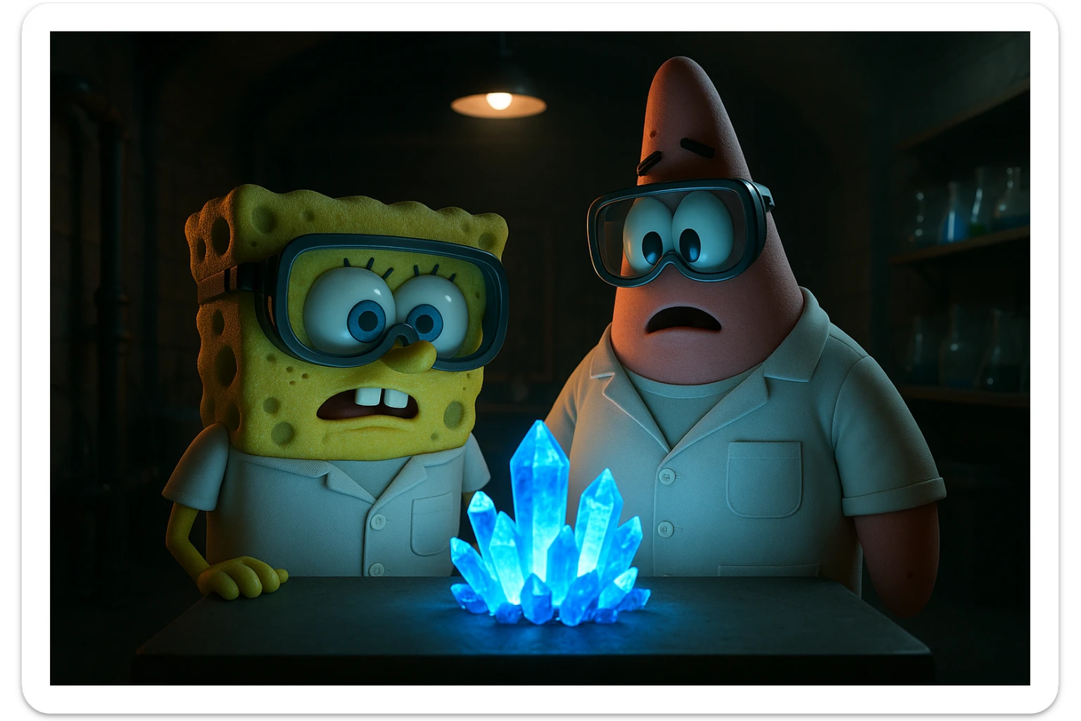 3D cienmatic cartoon shot, spongebob and patric dress in safety glasses and safe white outfit, the are standing front of table with blue crystals on table glowing (light source) science room in basement, back light, Cinema 4d render, proffesional lightning sticker