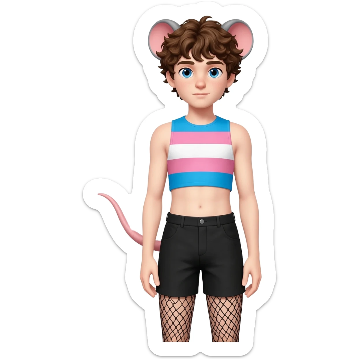 a white twink boy with blue eyes, short curly brown hairs and rat ears, he has a rat tail. he is dressed in a short shade of the color trans flag and short black shorts with mesh stockings sticker