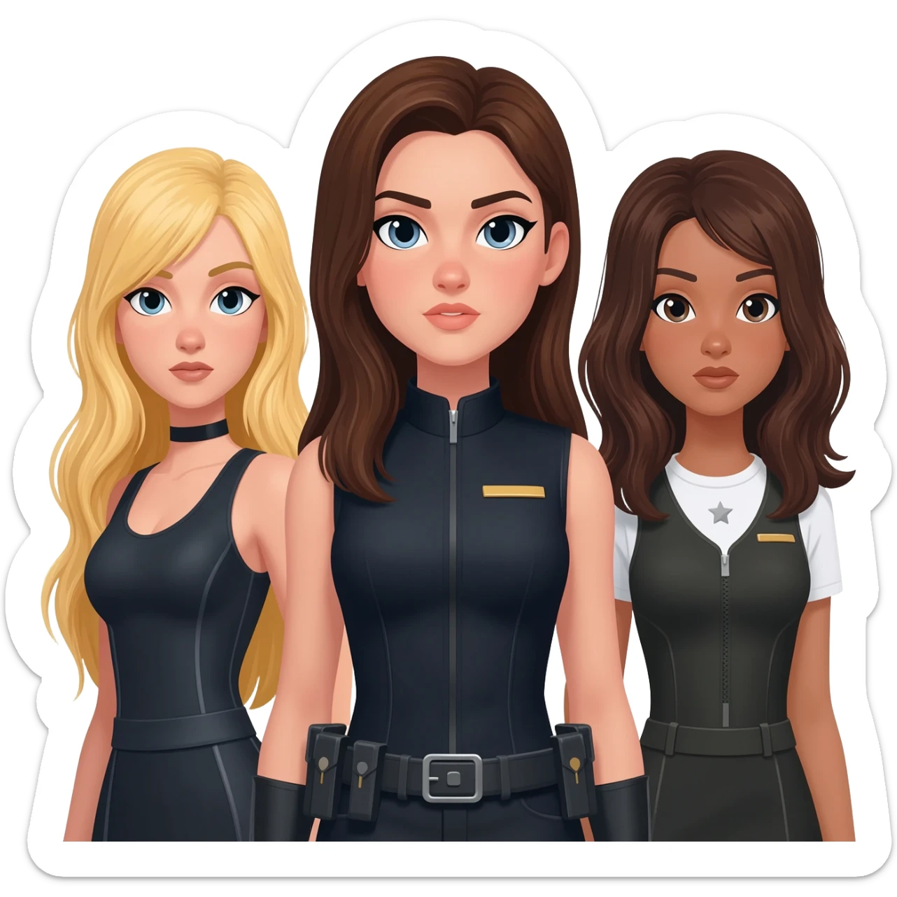 generate three spy girls, a brunette one with long hair, a blond one with long hair and a dark brown long hair. put a brunette in the middle sticker