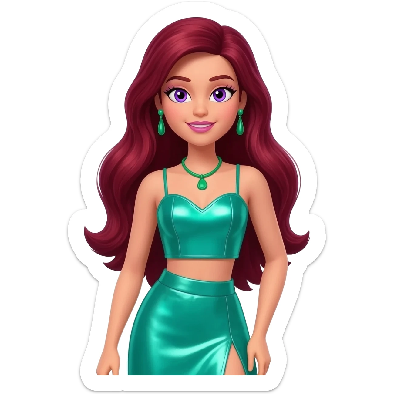 PJ from Barbie and Friends with violet eyes, long dark red hair, sea green metallic sweetheart crop top, sea green metallic assymetrical long skirt, green necklace and earrings sticker