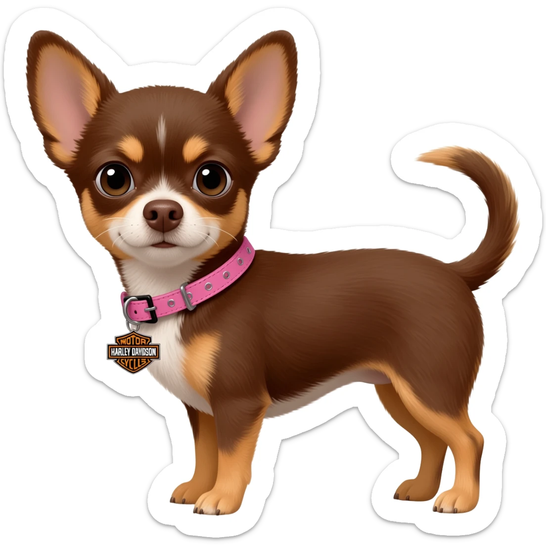 Little cute brown and tan applehead chihuahua with a pink Harley Davidson collar on her name isPixie sticker