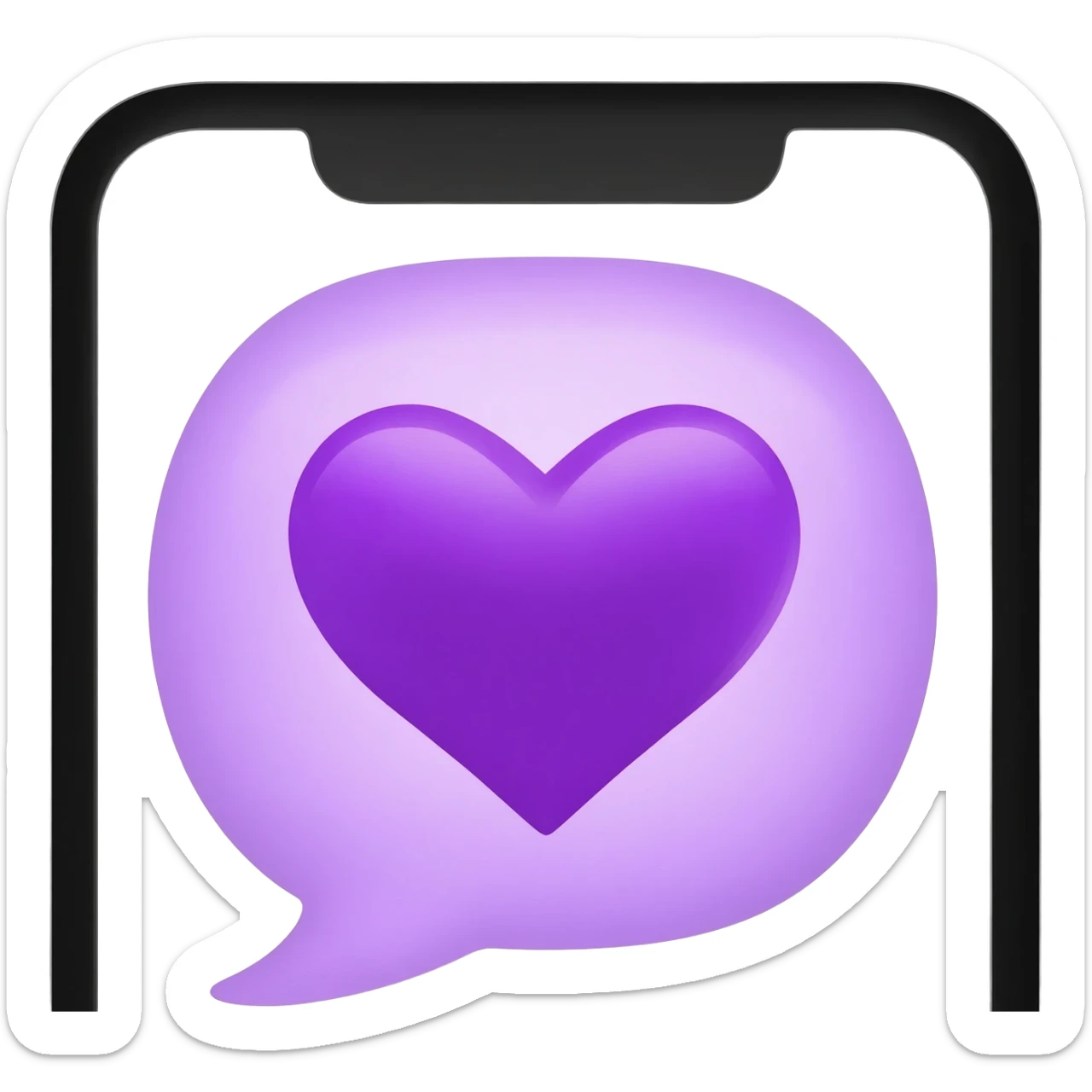 close-up of an iPhone screen with a purple speech bubble emoji containing a purple heart, Apple style, minimal sticker