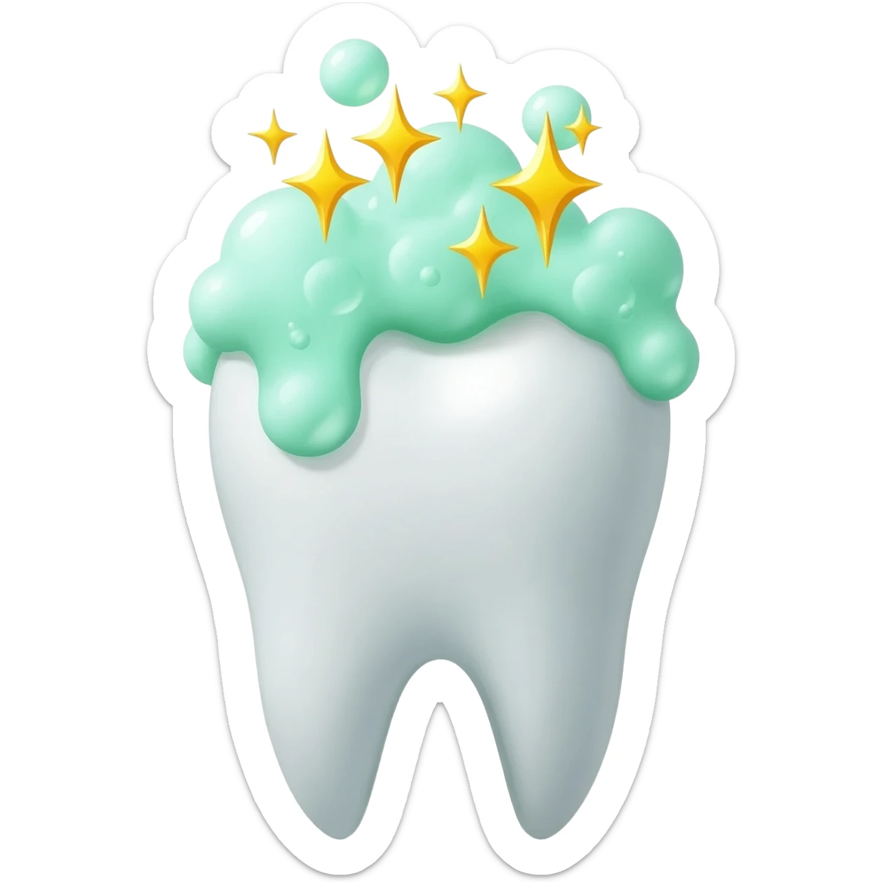 A white tooth being cleaned with watergreen foam and giving off golden shinning stars & watergreen bubbles from the top sticker