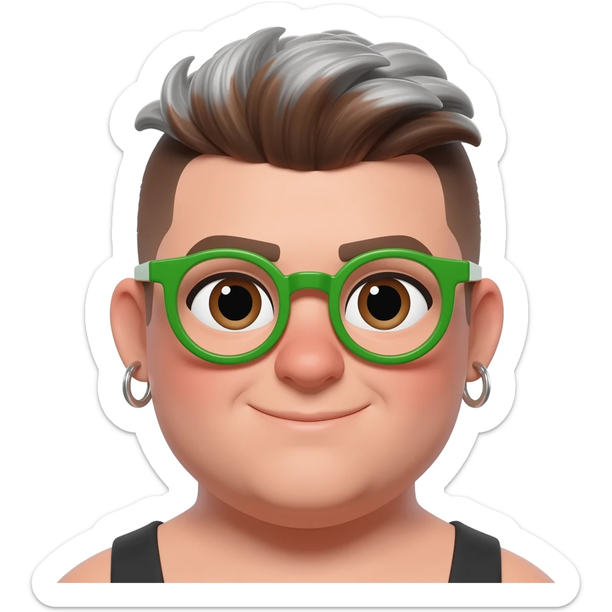 fat queer gender expansive lightskinned person assigned female at birth with short brown and silver mullet and bold green round glasses with almond shaped deep set brown eyes and a slight knowing smile wearing dangly earrings sticker