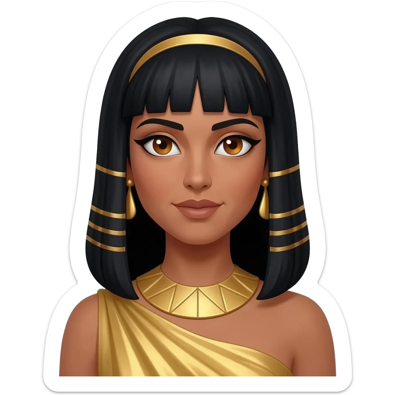 Cleopatra with hazel brown eyes, long black hair, gold metallic peplos, gold neck bracelet and earrings sticker