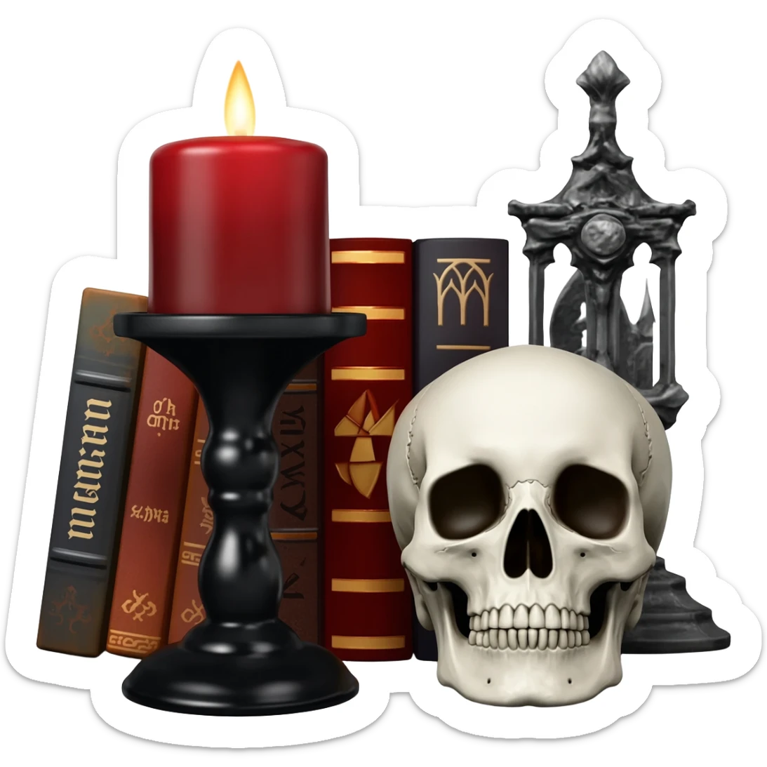 Dark Red candle on a black stand, books, skull, gothic style, beautiful aesthetic  sticker