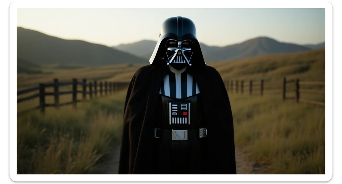A portrait of a Darth vader in the foreground, blurred plants in the foreground (close to the camera), a wooden fence in the midground, rolling hills in the background, cinematic depth of field, layered composition, natural lighting sticker