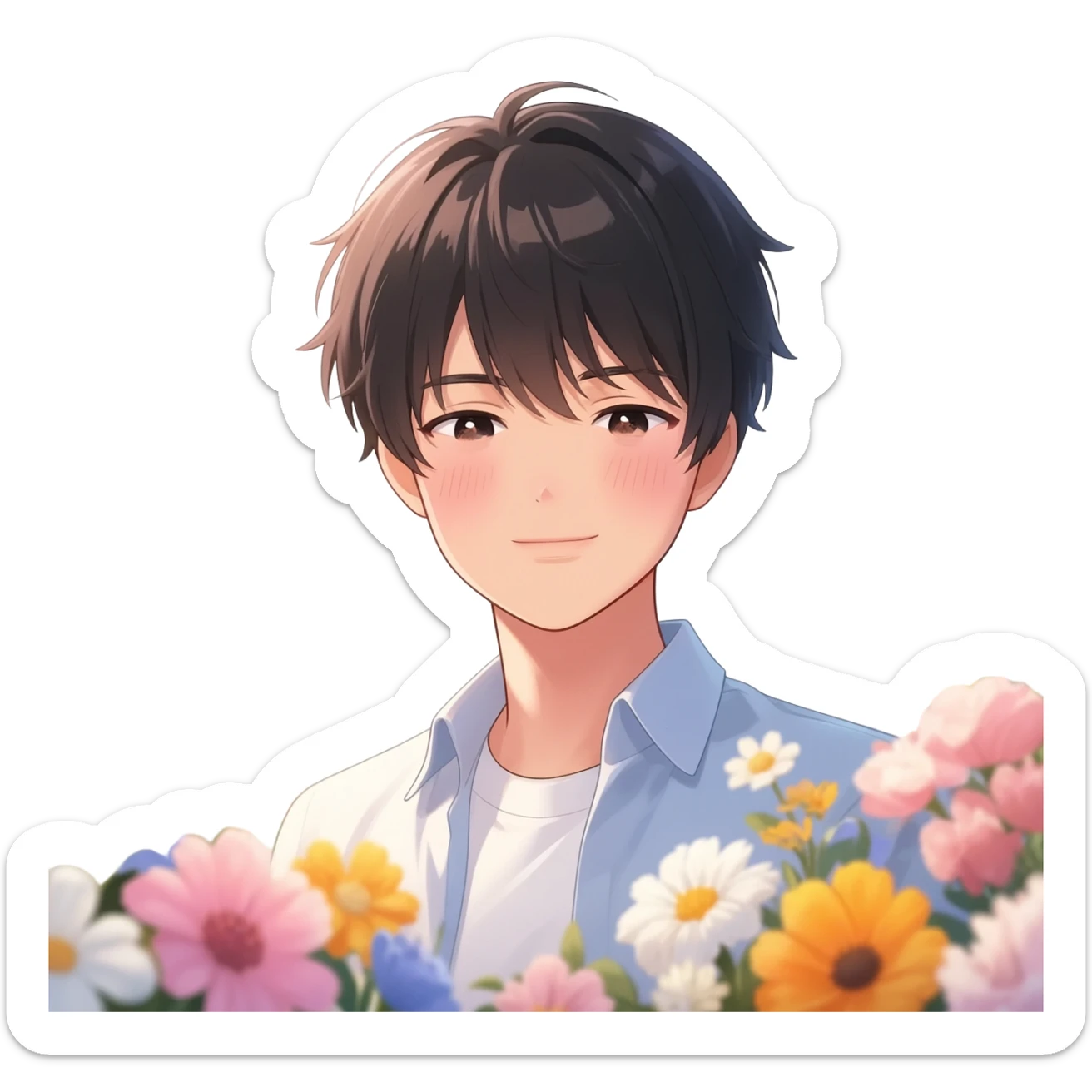 Gorgeous bright sparkly romantic Asian anime style guy with blushing face and flowers aesthetic trending style outside sticker