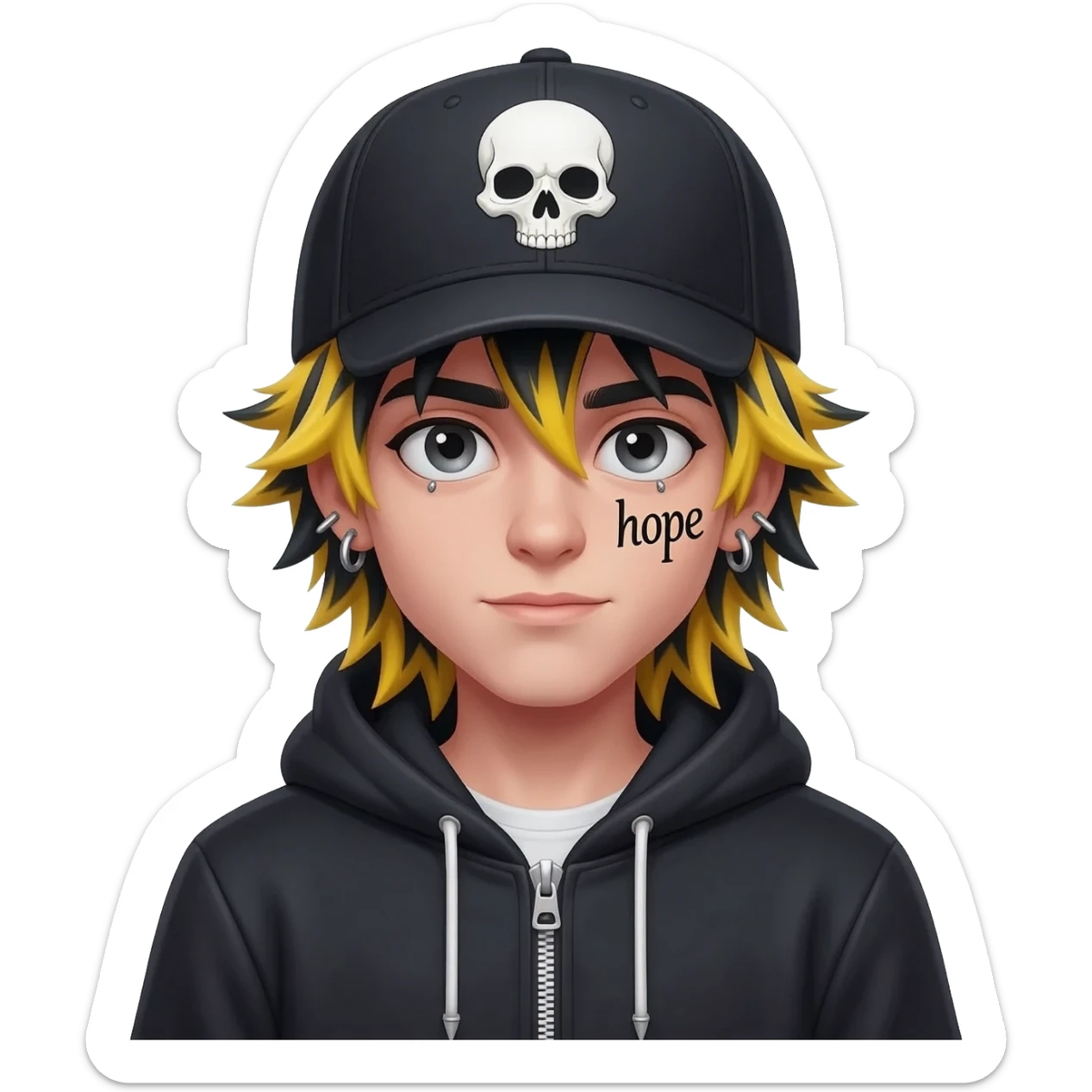 boy japan spiky long  yellow black hair, hoodie zip skullcap wear piercings tatto "hope" sticker