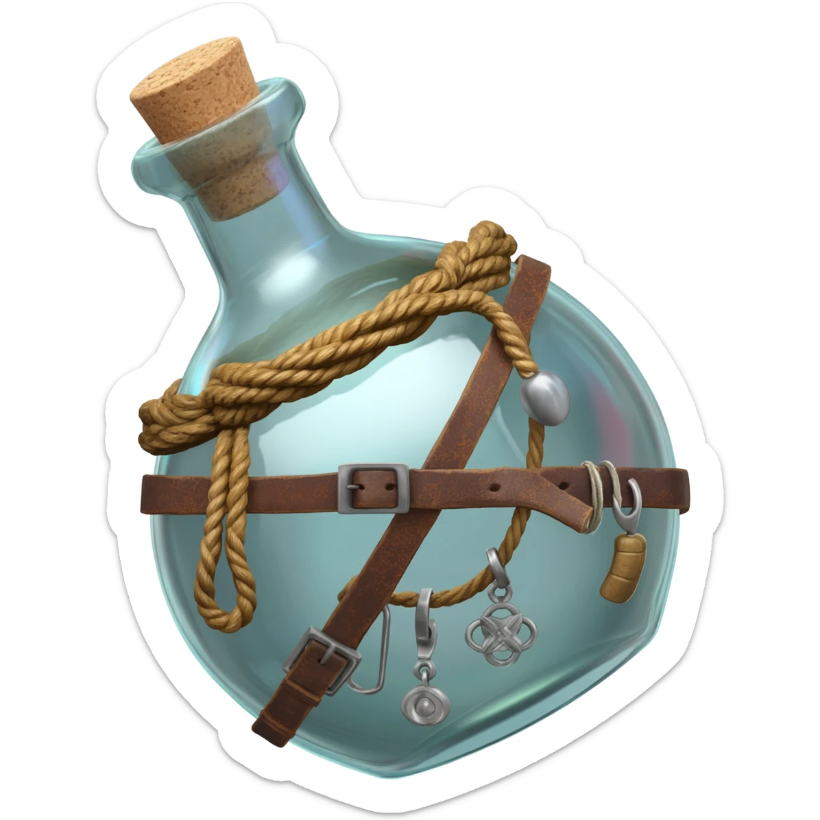 an EMPTY round potion bottle a little rotated to the left with a cork and decorations on the bottle like ropes and belts and random stuff sticker