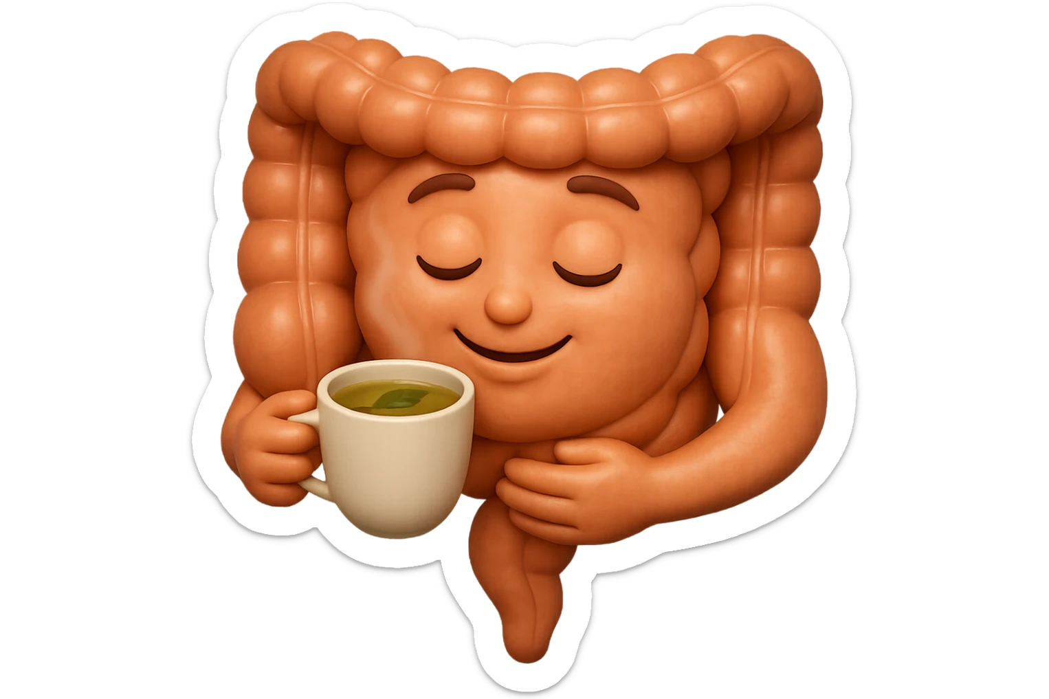emoji stile iphone 3d di intestino umano sereno che si tocca la pancia mentre sorseggia un thè alle erbe, iperrealistico 4k sticker