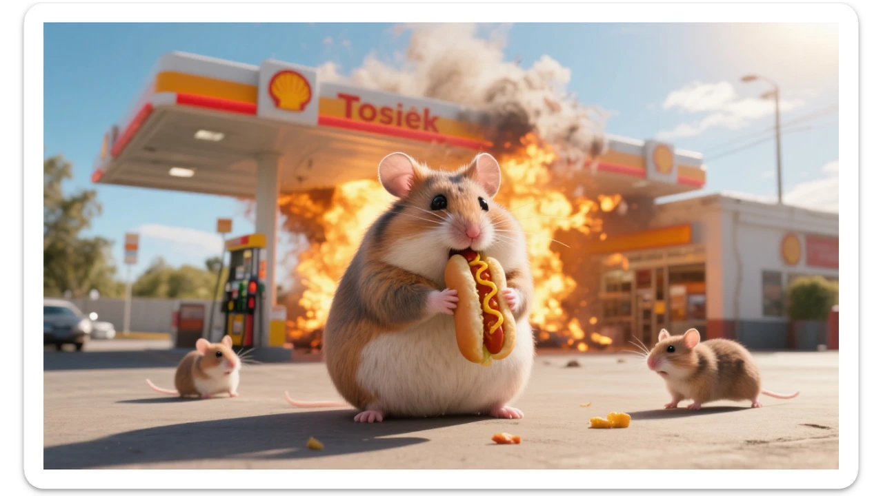 Cinematic still of A portrait of a fat hamster eating hotdog on gas station, gas station is in fire, other hamster fun away, sunny day, back light explosion , gas station named "Tosiek" (Realistic) sticker