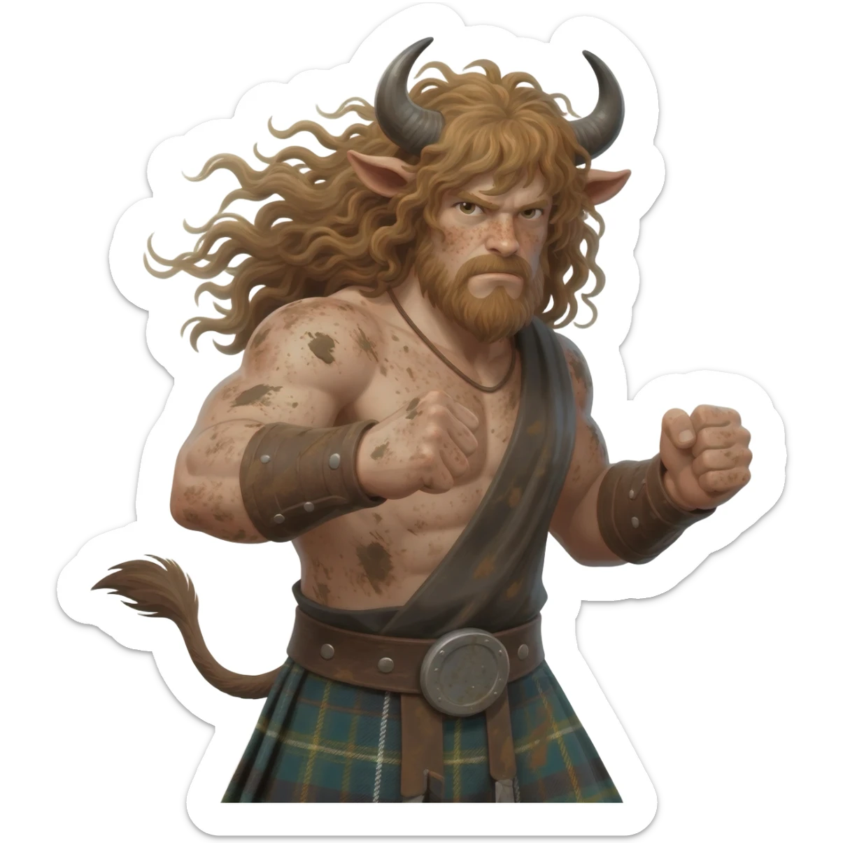 big buff curly hairy man covered in dirt with freckles with messy light brown bangs that covers his face completely with bull horns and bull ears and bull tail dressed in kilt stands in a fighting stance with wind in his hair sticker
