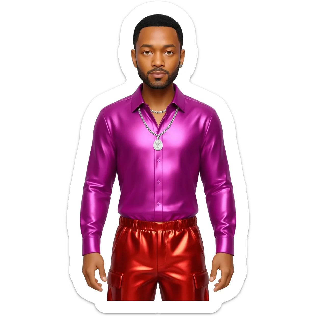 John Legend with black hair, fuchsia metallic shirt, red metallic baggy pants, silver necklace sticker