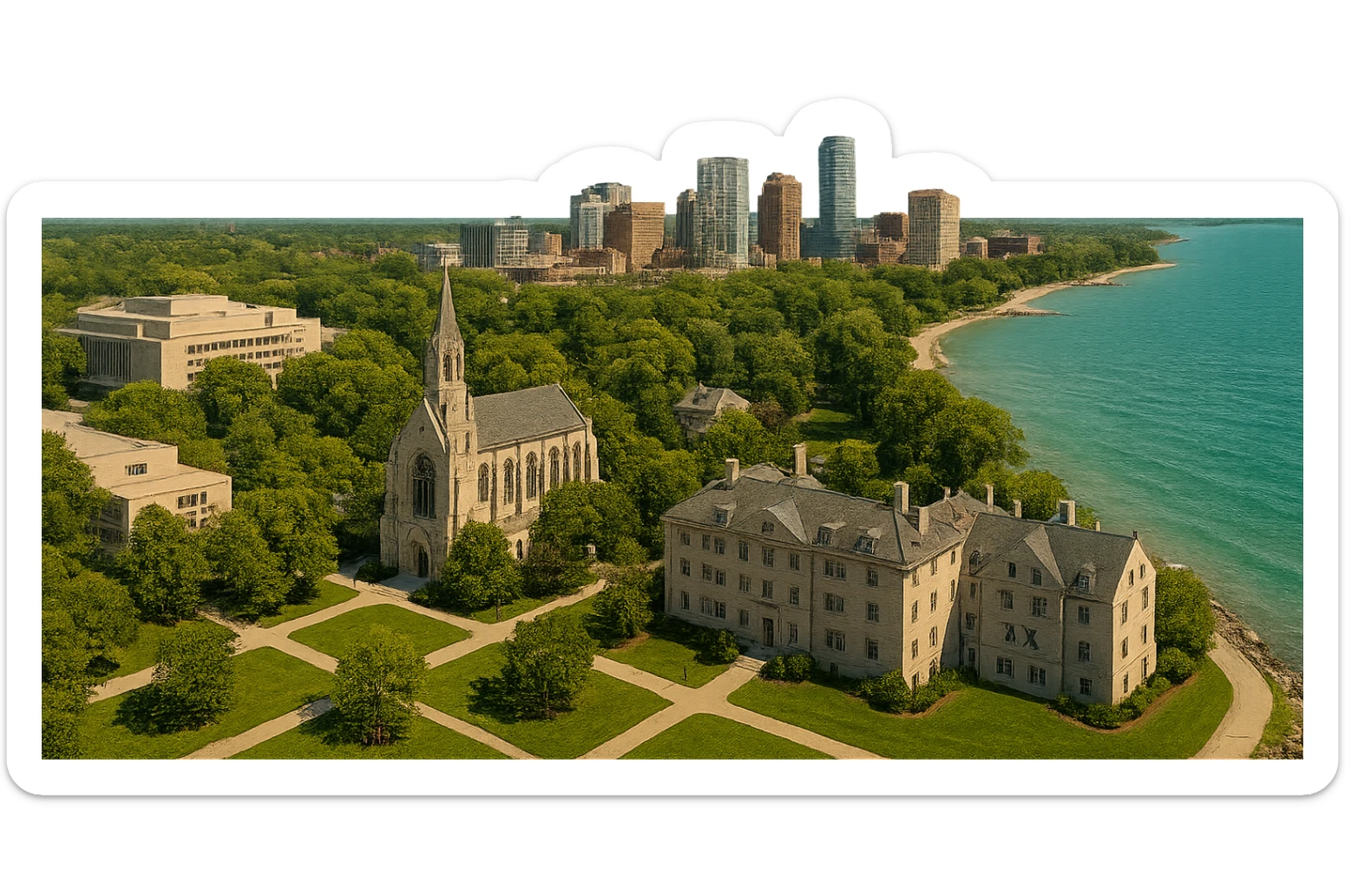 cinematic realistic emoji of Evanston, Illinois city view with Northwestern University campus central and prominent, Sigma Chi International Fraternity Headquarters, Levere Memorial Chapel Sigma Alpha Epsilon HQ, Lake Michigan shoreline, downtown Evanston, lifelike detail, accurate colors, bright daytime, no sky, no clouds sticker