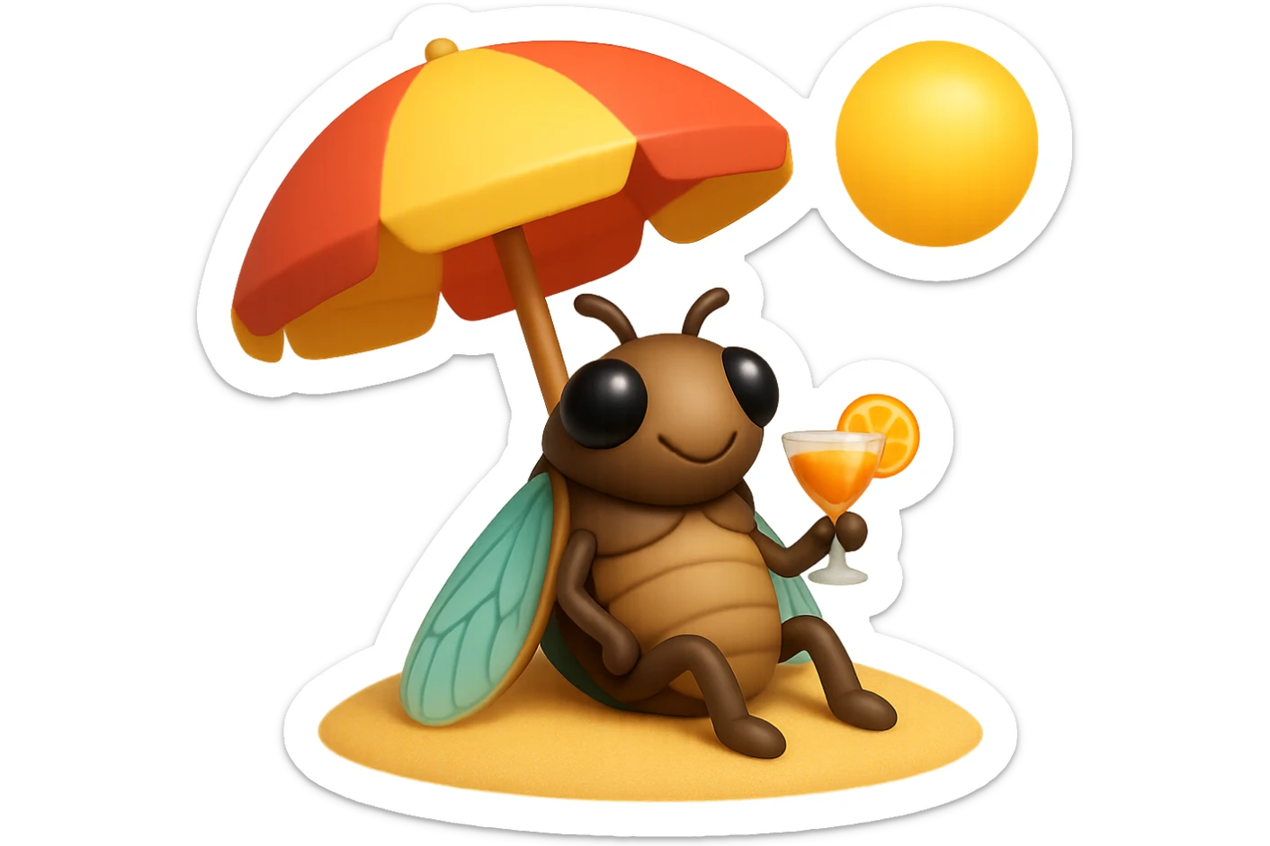 EMOJI STILE IPHONE 3D DI UNA CICALA CHE STA RILASSATA SEDUTA SOTTO L'OMBRELLONE IN SPIAGGIA CON UN COCKTAIL IN MANO sticker