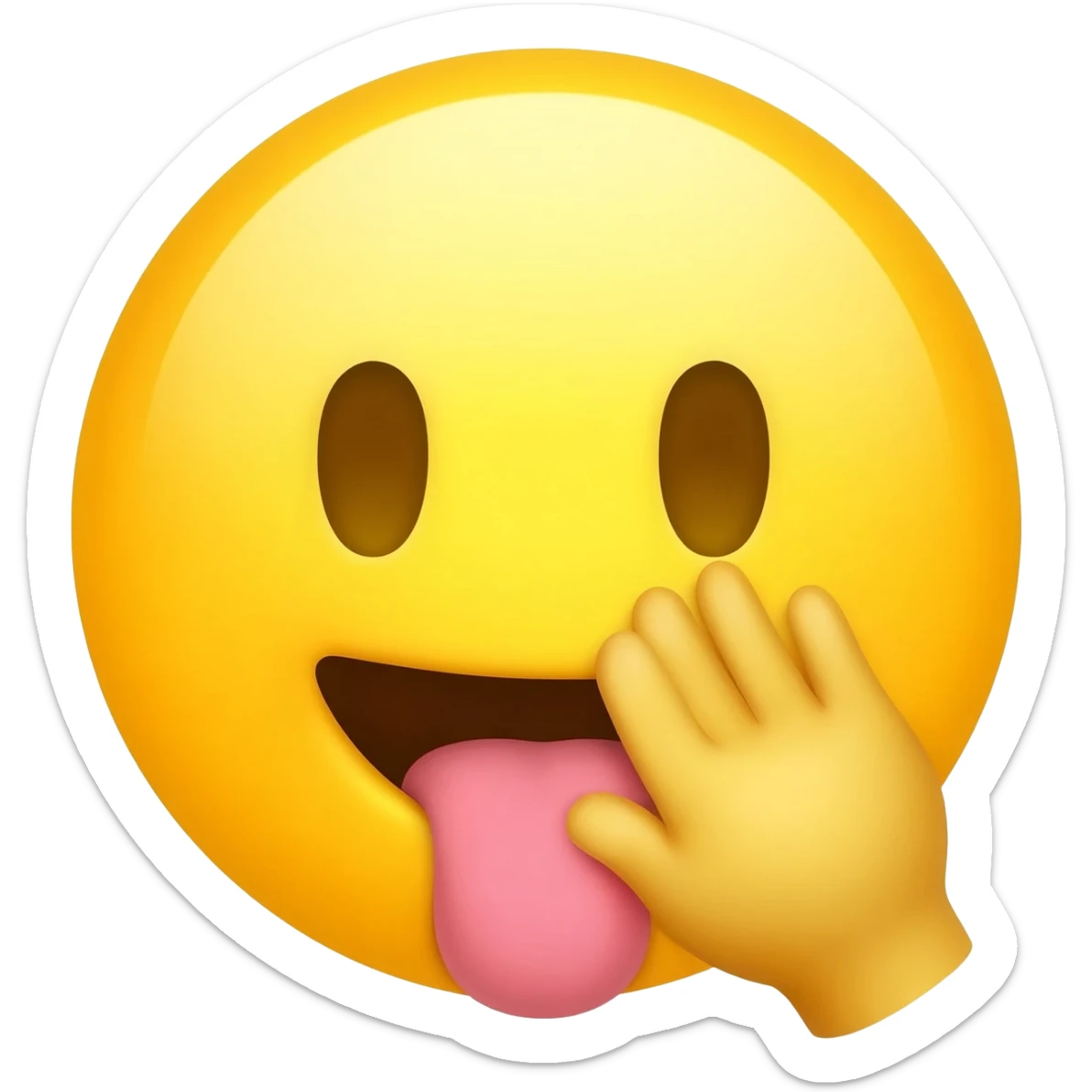 Make a emoji the is like a classic iPhone emoji so it is yellow and make it so the emoji is telling a secret so the hand is right next to the mouth but make the tongue stick out and make the head a circle with no body and the hand is open sticker