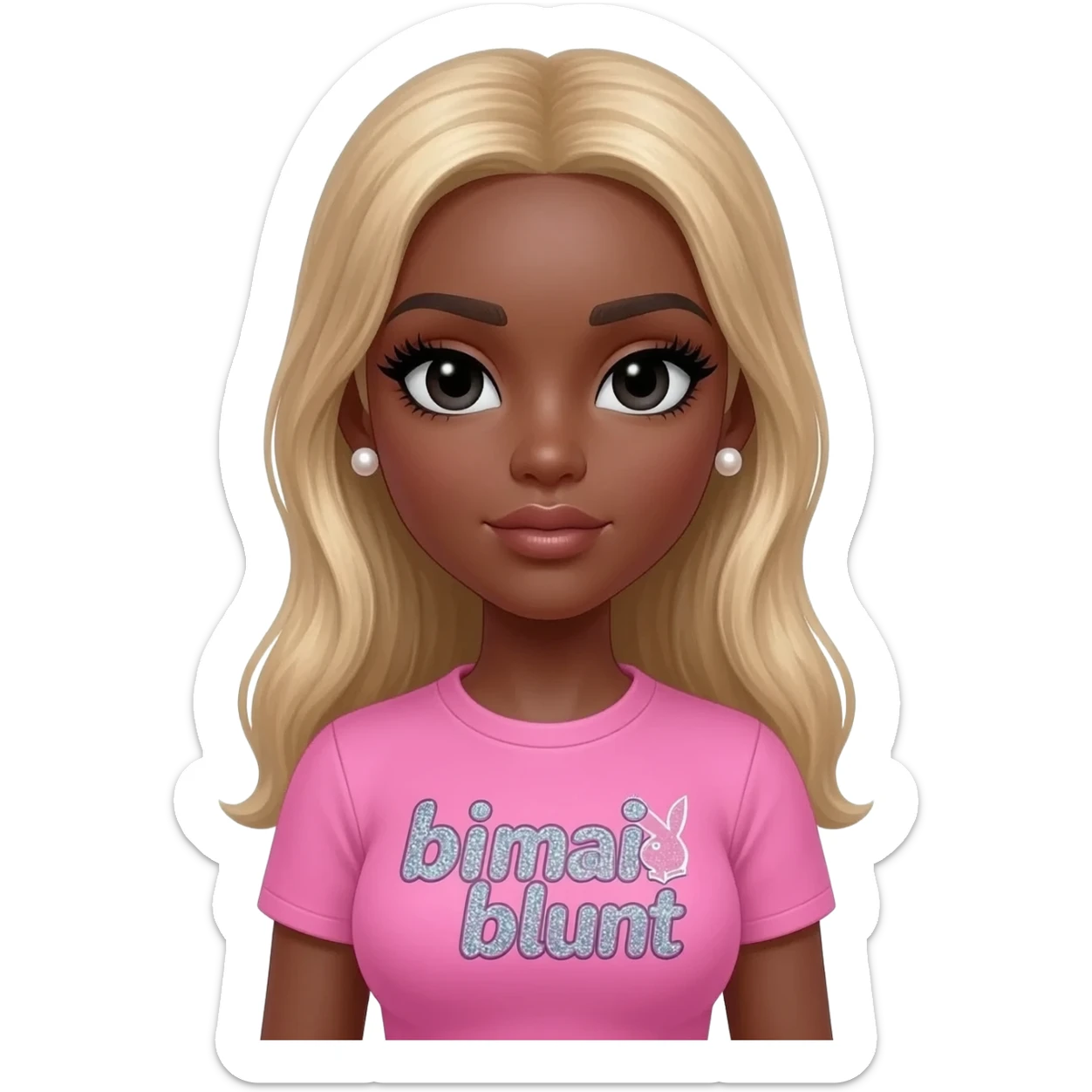 doll body , dark brown eyebrows, dark skin girl, pearl earrings stud, Long giant lashes, bimbo, black doll eyes, barbie, dark brown skin, with blonde hair, big breast, pink 2000s t shirt says on the sparkling text “bimbo blunt” on playboy logo sticker