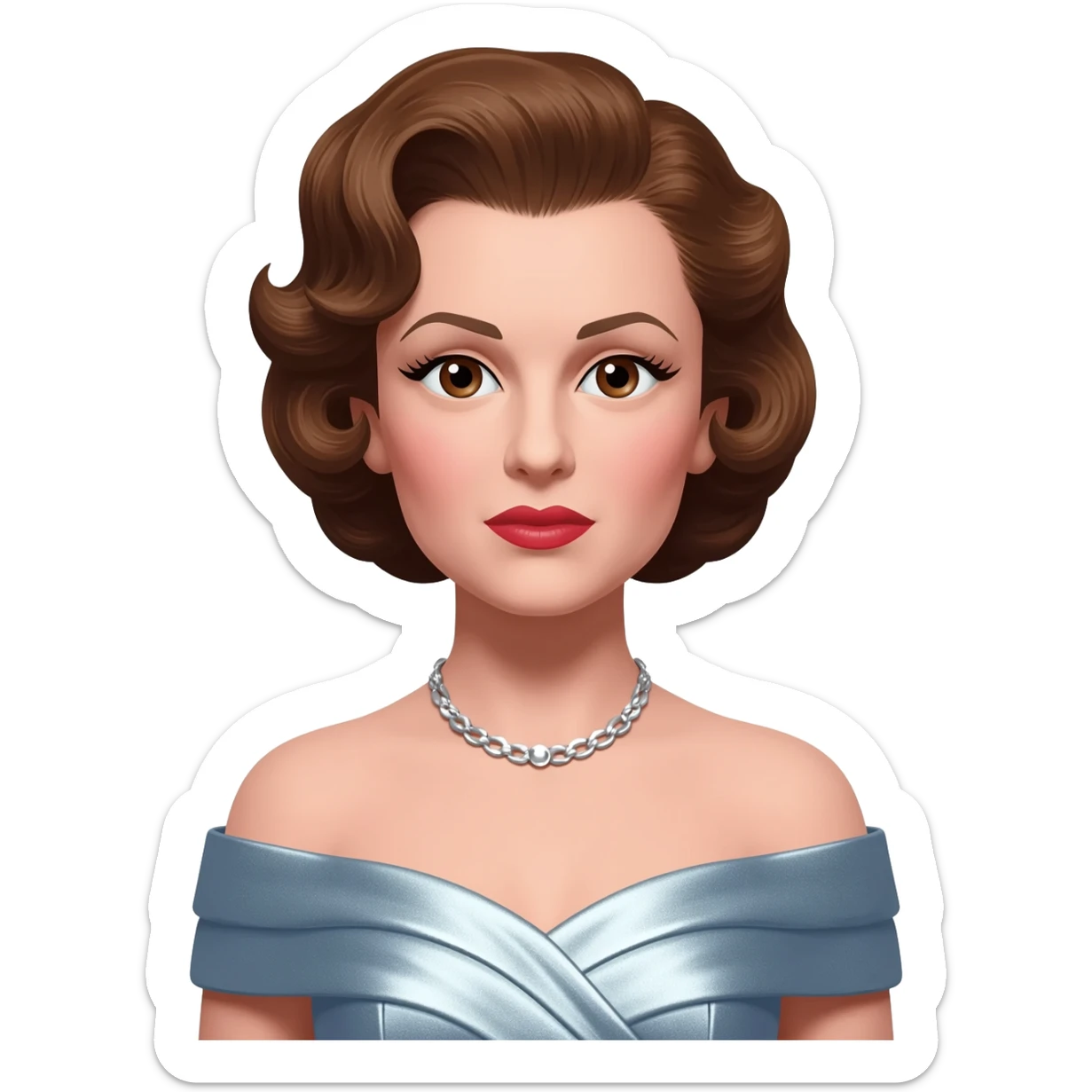 Judy Garland with brown eyes, brown hair, light steel blue metallic off shoulder dress, silver necklace sticker