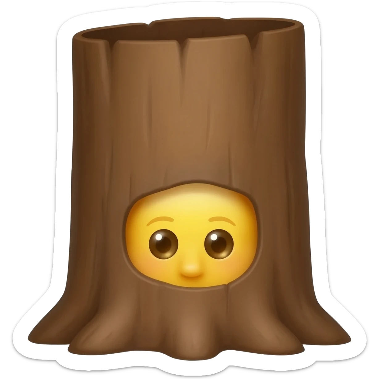 Yellow emoji face with Innocent eyes while hiding behind a big tree and poking head out from behind bark can only see half of the eyes and forehead sticker