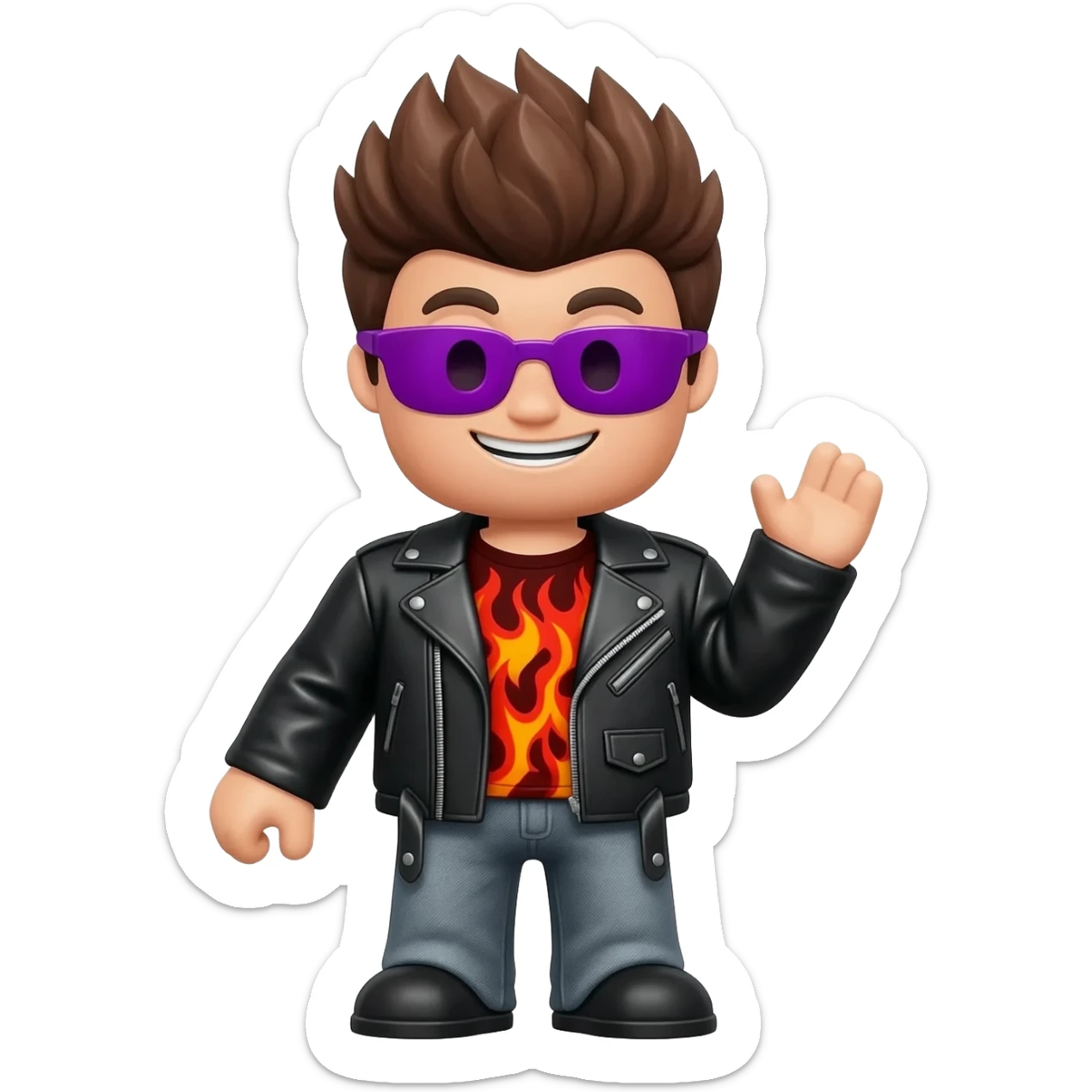 Cool Roblox boy avatar emoji, brown hair, purple sunglasses, smiling face, black leather jacket, red shirt with flame design, gray jeans, confident pose with one hand raised, playful and stylish vibe, 3D cartoon style, bright lighting, cute gaming emoji style sticker