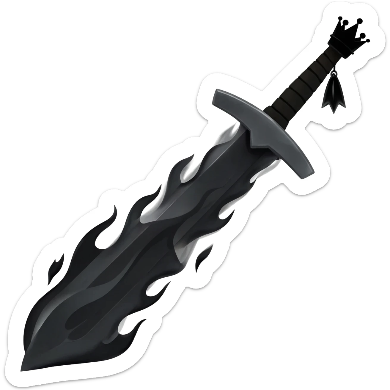 generate a black sword burning with black flames and a black crown hanging on the black sword sticker