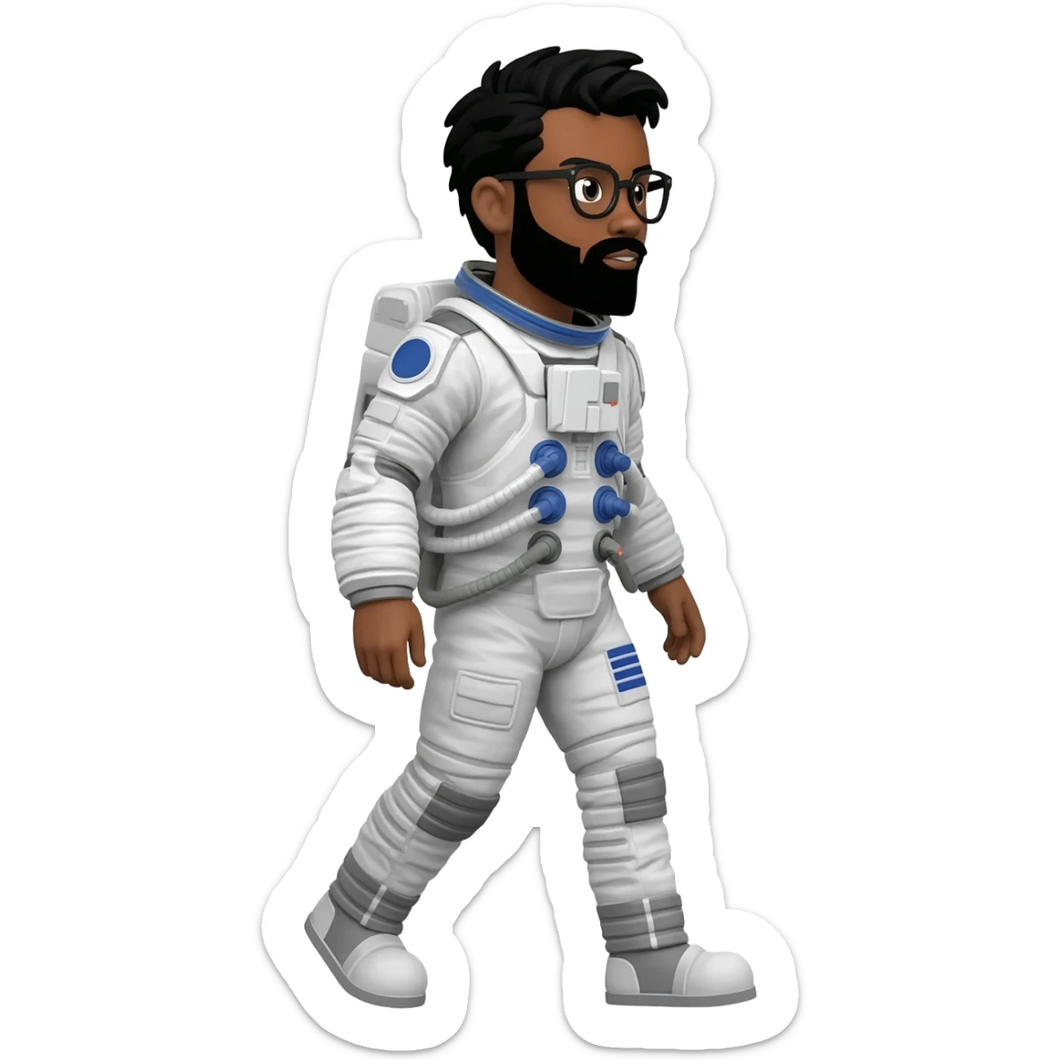 astronaut walking space brown skin, black eyes, glasses and beard  black hair show body sticker
