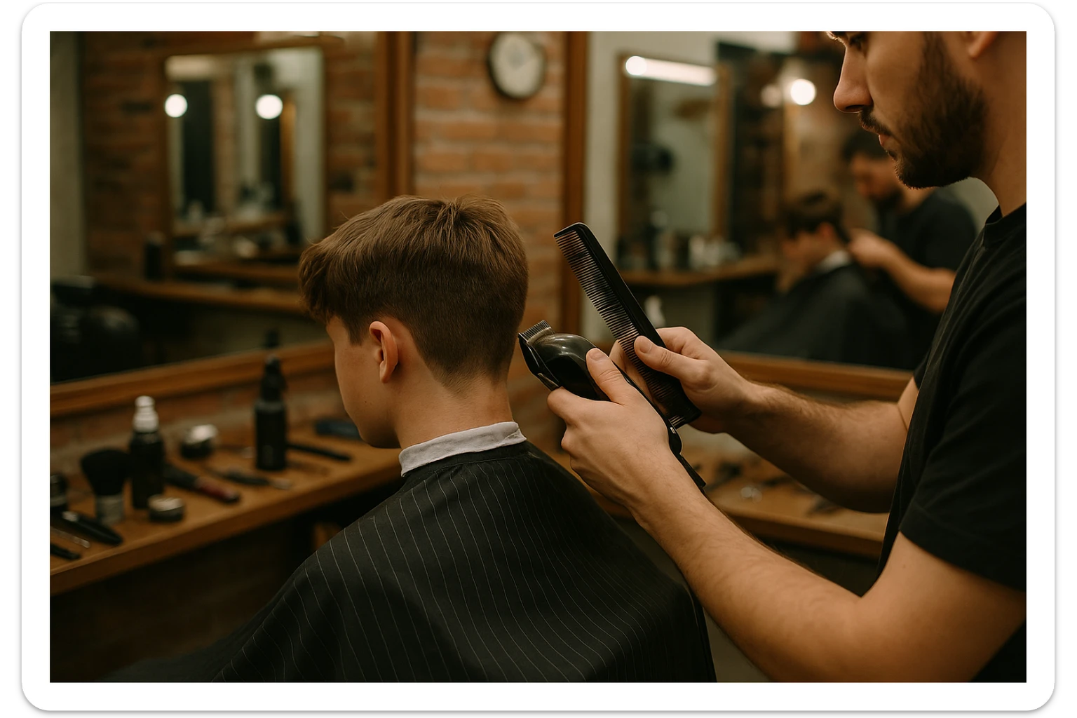 Sartaroshxonada soch olayotgan o'mirin yoshli bola yuzi ko'rinmasin sticker