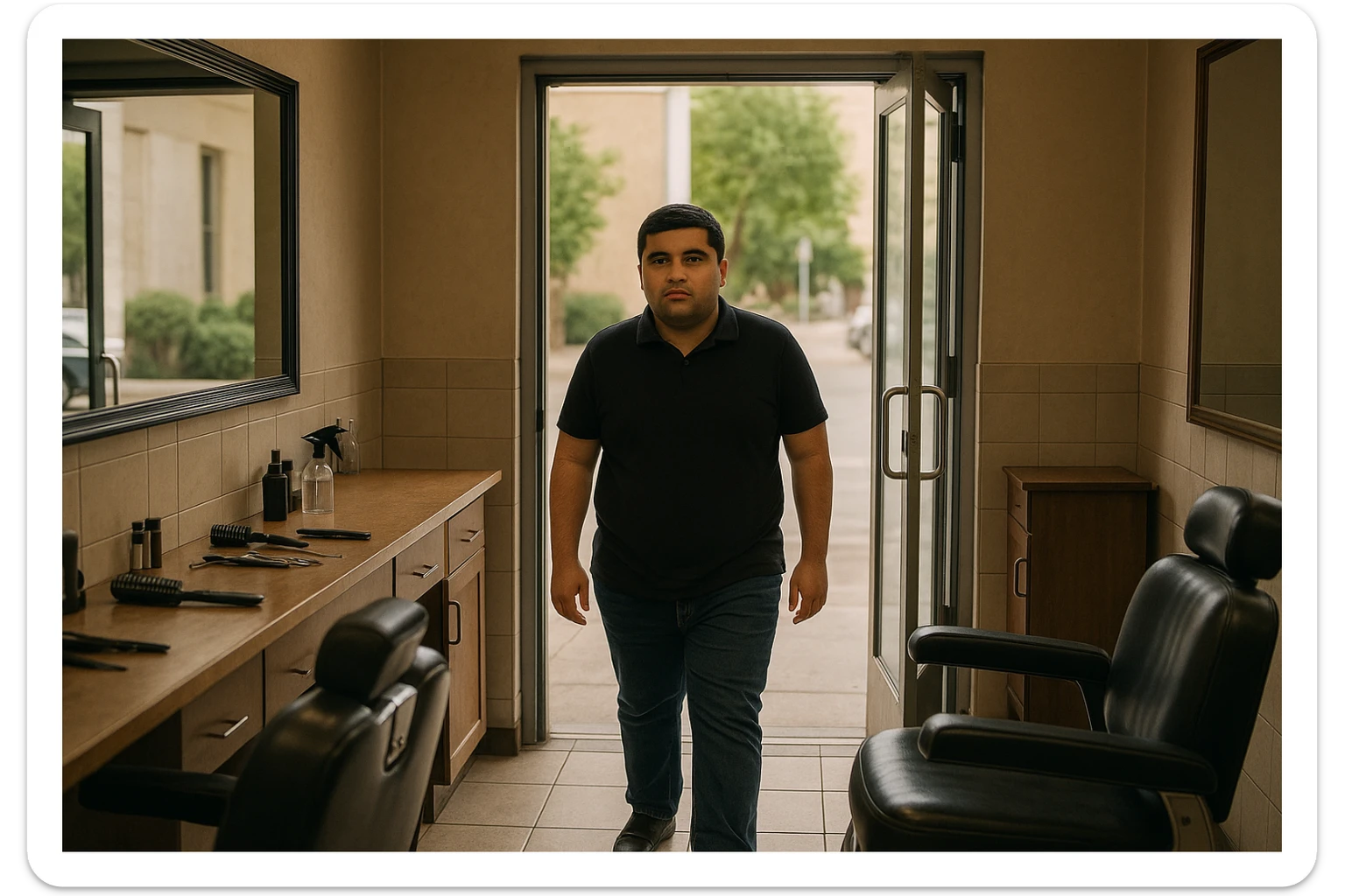 Shu odamni sartaroshxonaga kirib kelayapti  o'smirin davri rakurs ichkaridan sartaroshxona eski ham yangi ham emas bolani juda semiz qilib yuborma  u huddi sartaroshxonani  hammadan oldin kelib ochsin sticker