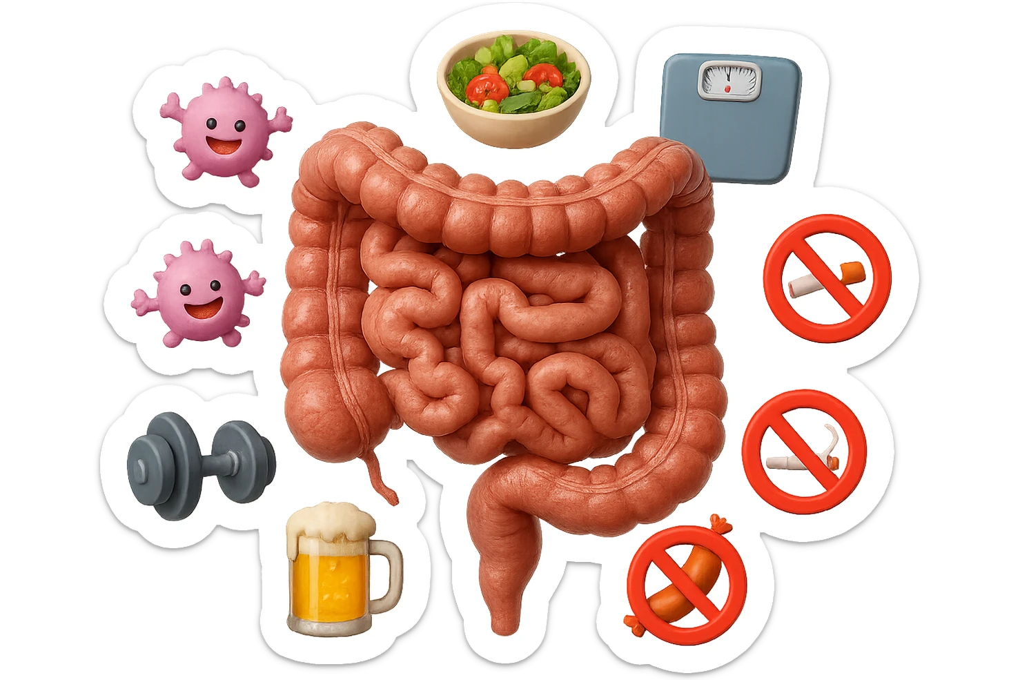 intestino umano anatomico realistico al centro, intorno al quale ruotano emoji stile iphone di: due batteri intestinali felici, una bowl di insalata, una bilancia pesapersone, manubri da palestra, e un boccale di birra con divieto 3d sopra, una sigaretta con divieto 3d sopra e un wurstel con divieto 3d sopra, fluttuano in aria, iperrealistico 4k sticker