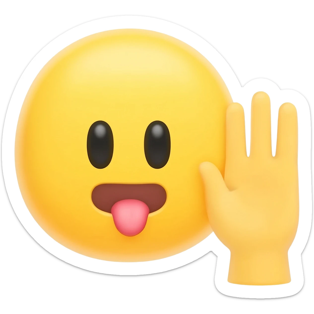 Make an emoji that is telling a secret but sticking out it’s tongue And make it a classic yellow emoji and the hand right next to the moutb and it is a circle just like the iPhone emojis make a yellow hand And the hand is open and make eyes normal with eyebrows sticker