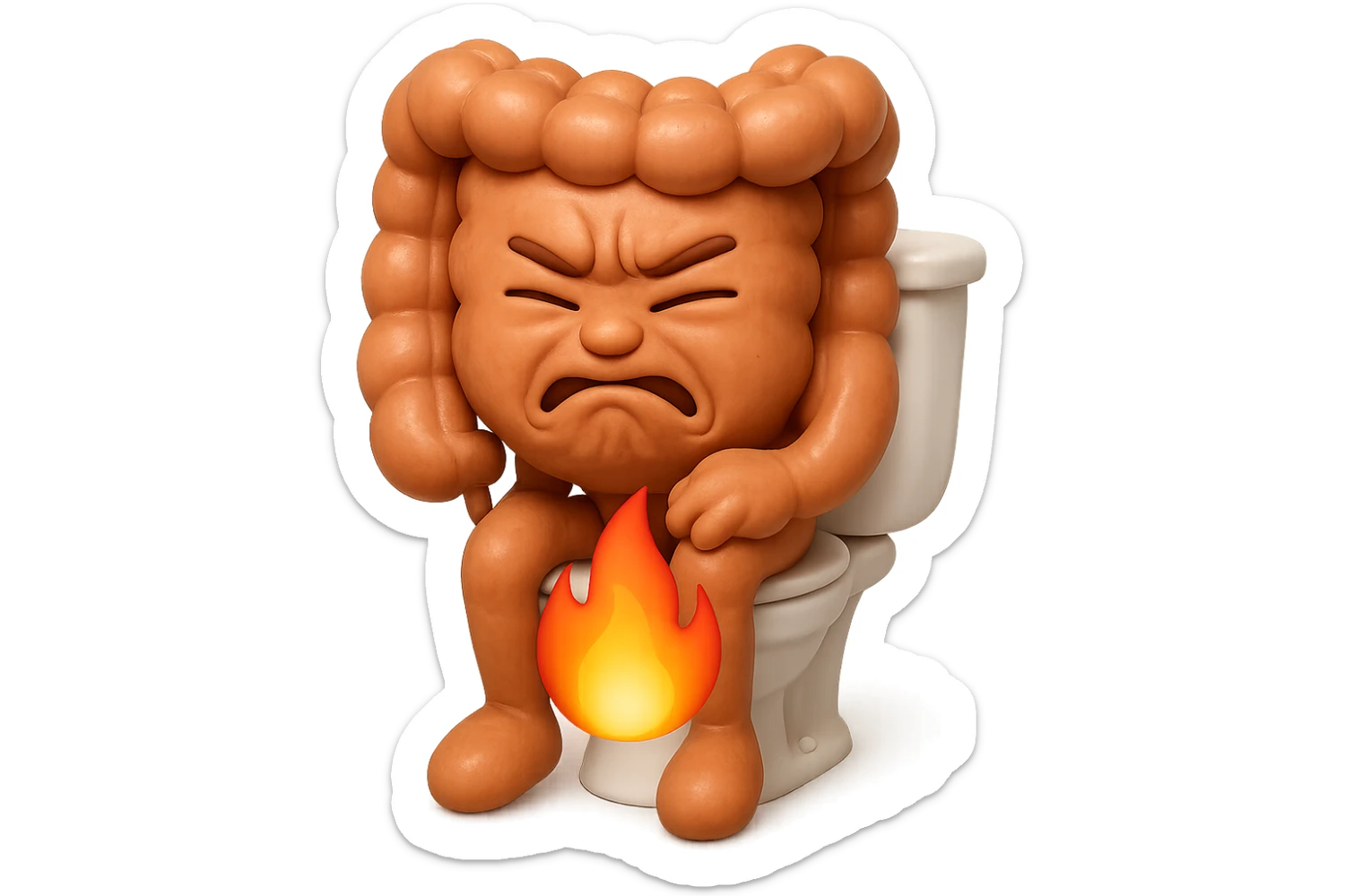 SU QUESTO STILE FAI UN EMOJI STILE IPHONE 3D DI UN INTESTINO CHE sta seduto sul wc e dal wc in mezzo alle sue gambe esce una fiamma stile emoji iphone, FAGLI UN ESPRESSIONE di dolore mentre si sforza E FALLO MOLTO REALISTICO IN 3D sticker