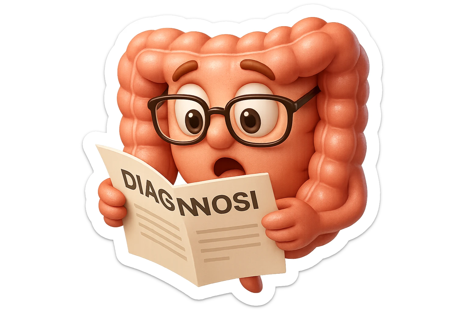 EMOJI STILE IPHONE DI UN INTESTINO CON GLI OCCHIALI CHE LEGGE UN FOGLIO CON LA SCRITTA DIAGNOSI, ESPRESSIONE STUPITA IN VOLTO, IPERREALISTICO 4K sticker