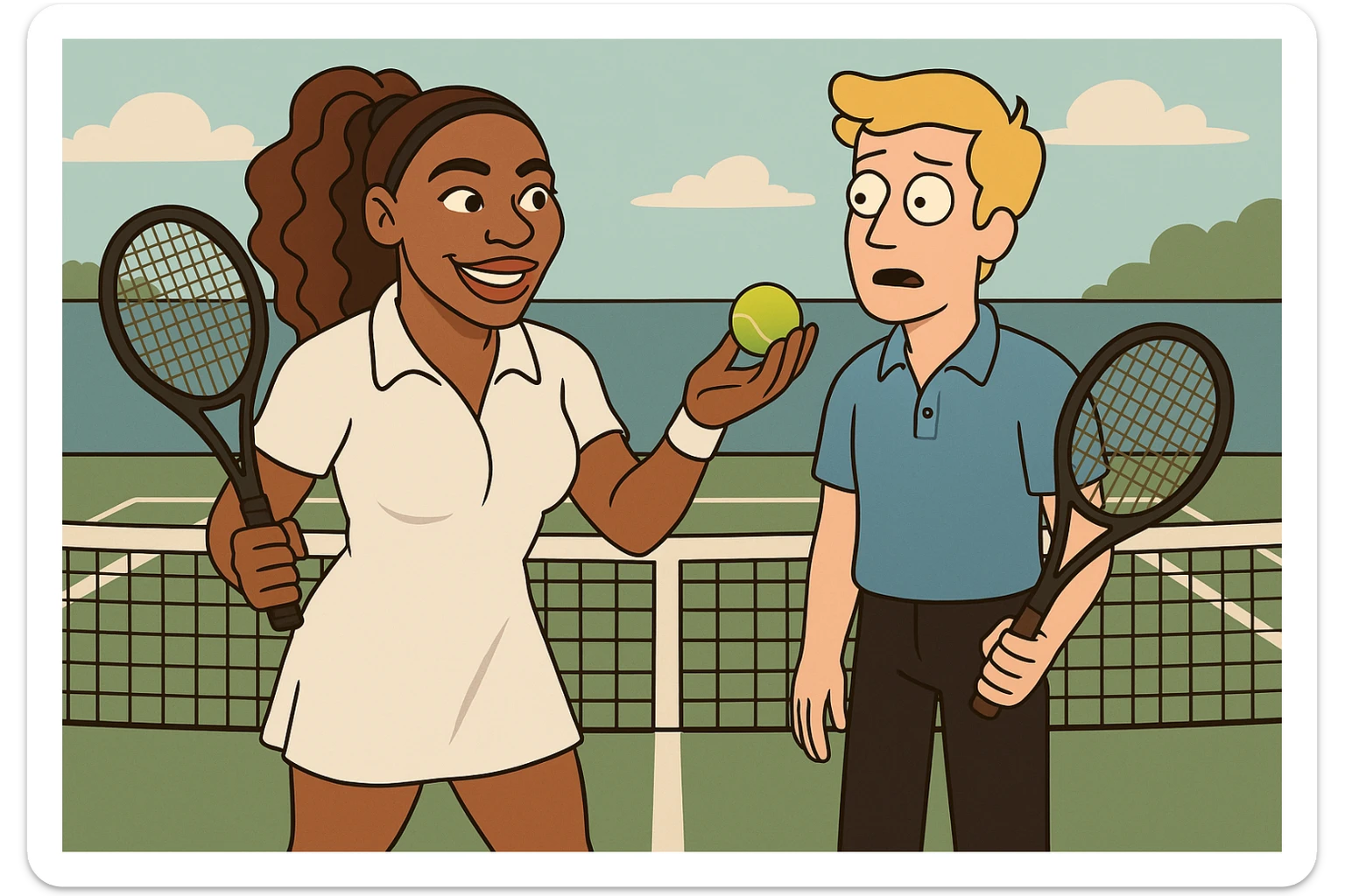 Serena Williams white shirt dress tennis racket one ball tennis a man dark yellow hair blue shirt black trousers tennis racket tennis court background  sticker