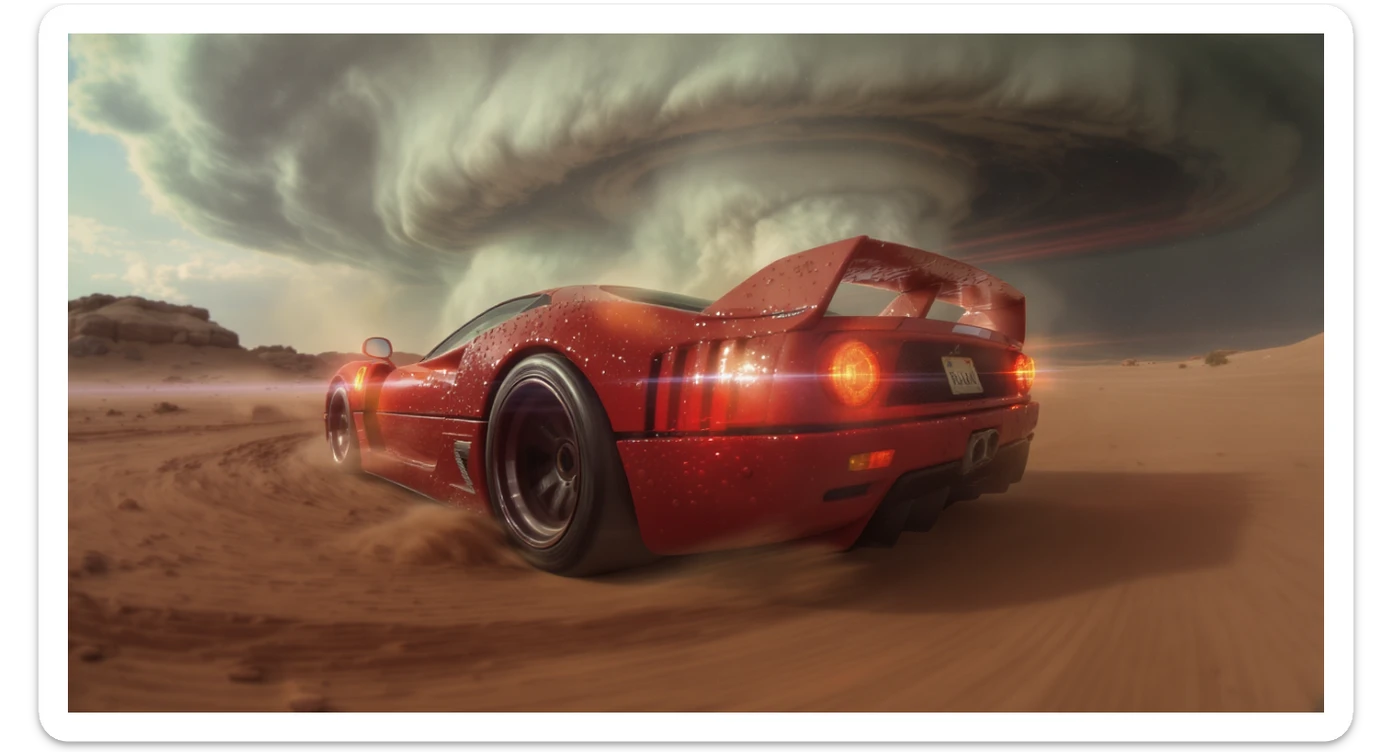 Cinematic still of a ferrari f40 around tornado od arizona desert, sun flare, captured by gopro hero with effect fisheye, water drops on car body, detailed, inspired by interstellar look, captured by a Super-16 sticker