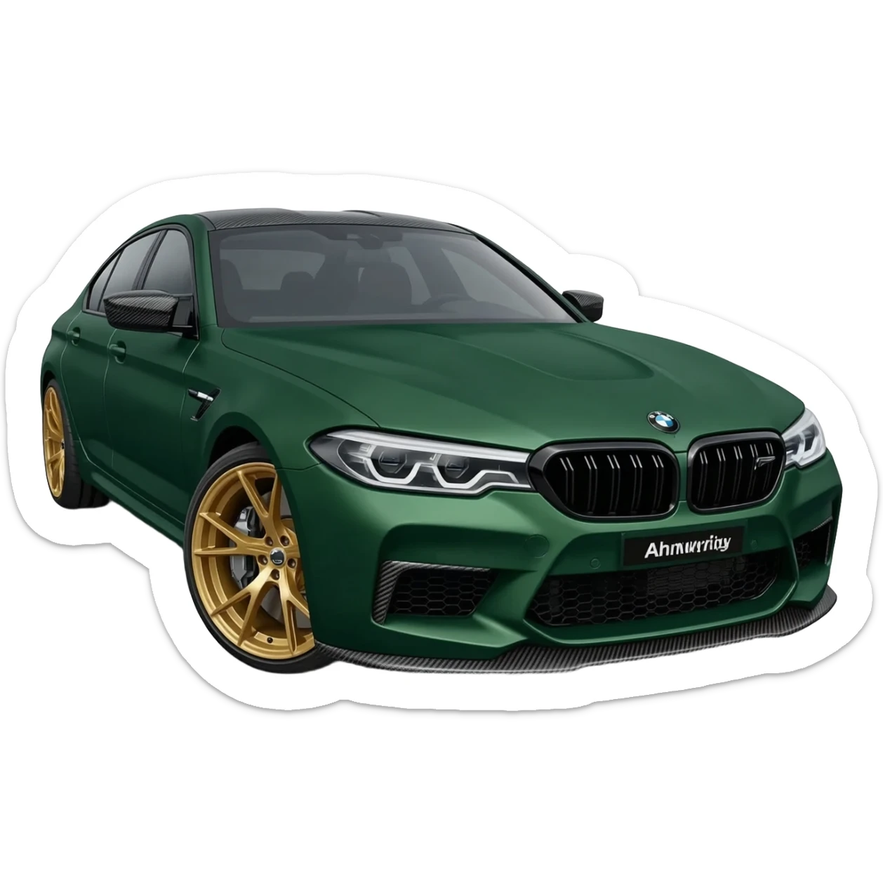apple ios emoji style, matte dark green BMW M5 CS sports sedan, front three-quarter view, gold wheels, aggressive front bumper, soft 3D emoji rendering, glossy highlights, smooth gradients, simplified details, centered icon, white background, apple emoji design language, ultra clean, high resolution sticker