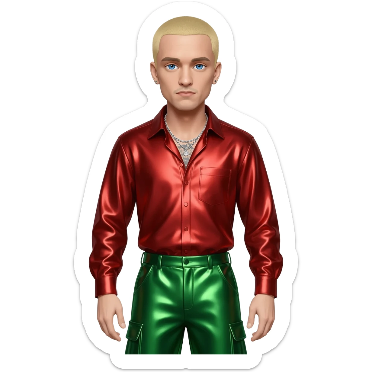 Eminem with blue eyes, blonde short hair, red metallic shirt, green metallic baggy pants, silver necklace sticker