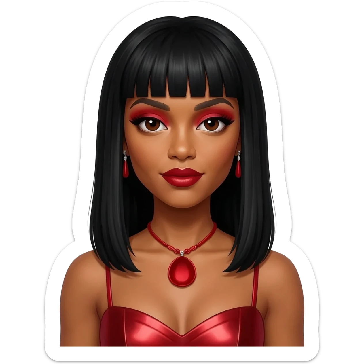 Kelly Rowland with dark brown eyes, red eyeshadow and lipstick, long black straight hair with bang, red metallic sweetheart dress, red necklace and earrings sticker