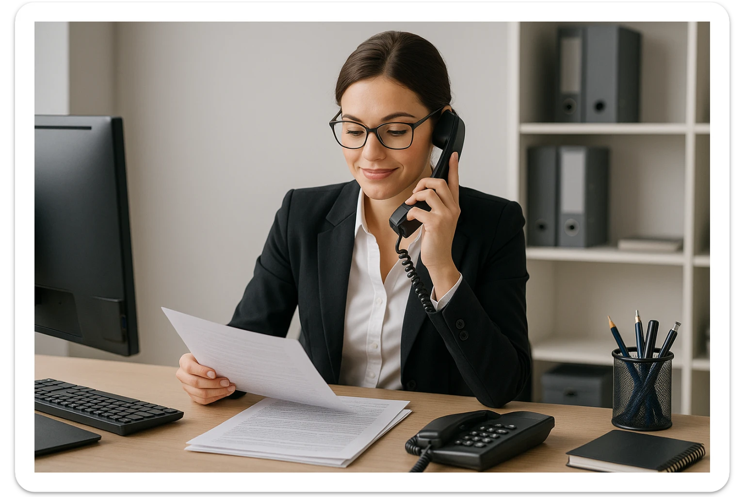 professional woman secretary at desk with telephone and papers, office environment sticker